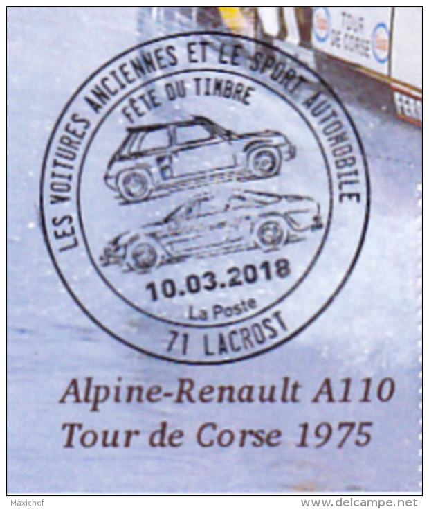 Carte Maximun - Alpine Renault A110, Tour De Corse 1975/Fête Du Timbre 2018 à Lacrost (71) JP Nicolas - Vincent Laverne - 2010-2019