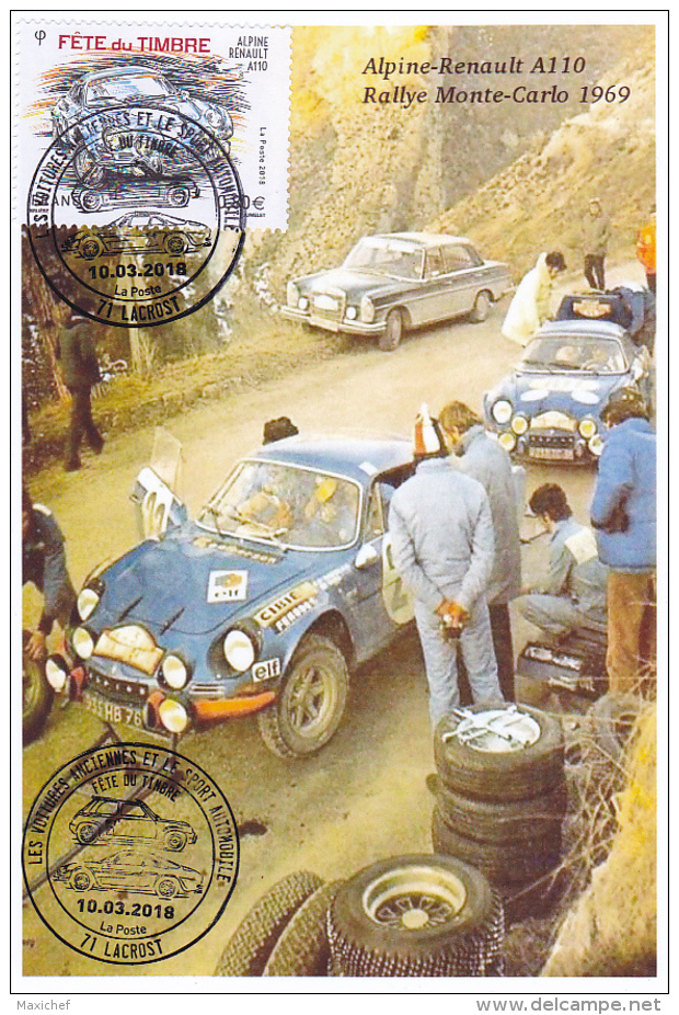 Carte Maximun - Alpine Renault A110, Rallye Monte-Carlo 1969/Fête Du Timbre 2018 à Lacrost (71) JCL Andruet - J Vinatier - 2010-2019