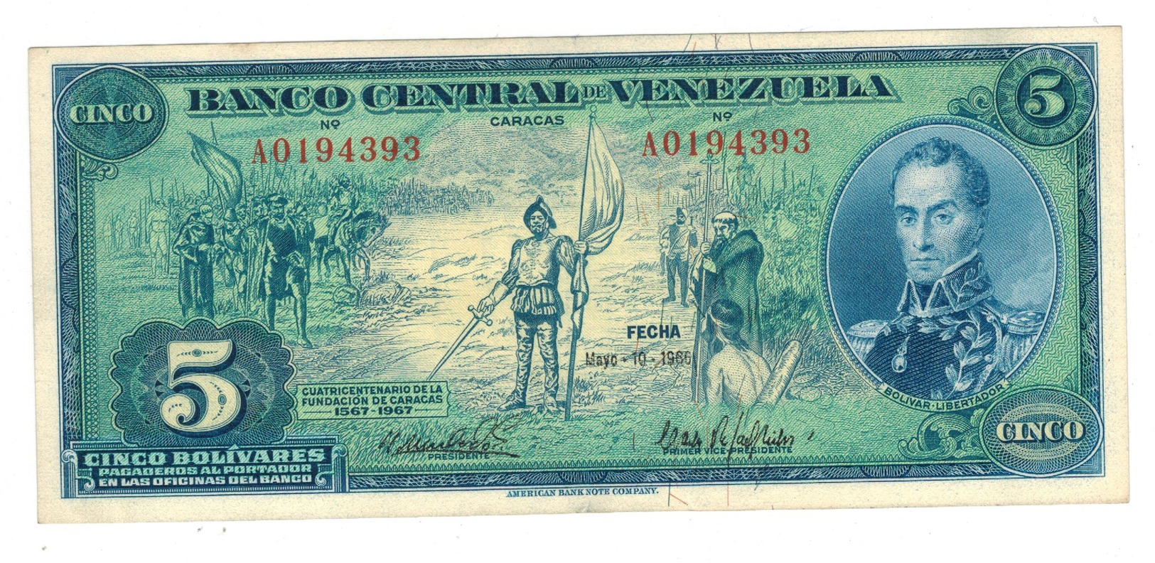 Venezuela 5 Bs 1966, Series A , Comm. Issue . XF+. - Venezuela