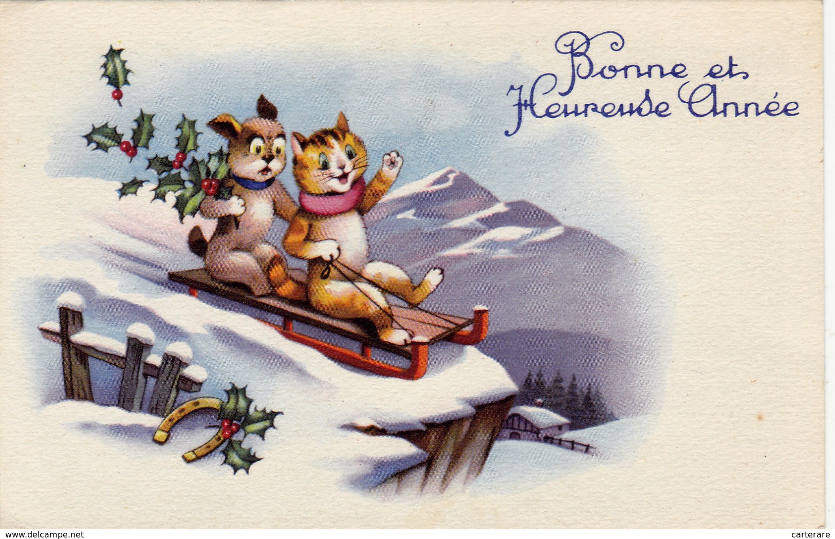 Carte Postale Ancienne,bonne Année ,avec Chat,cat,luge,neige,anima Ux Heureux ,or Blanc,station - Chats