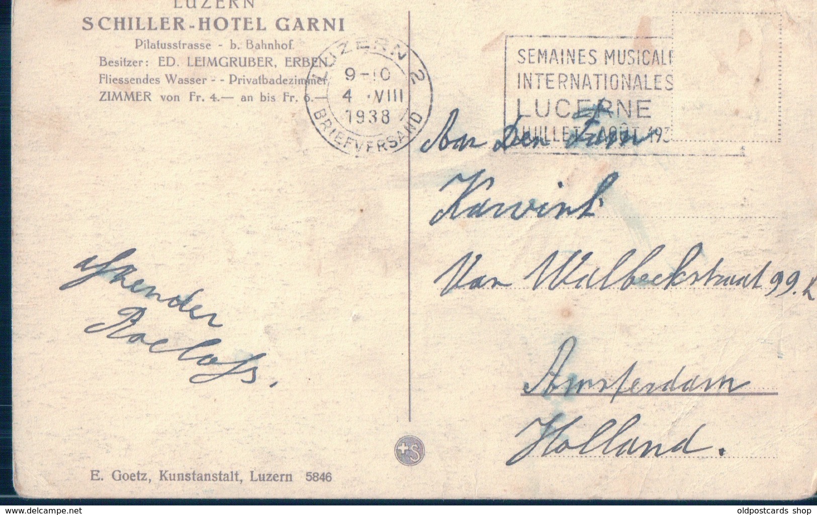 POSTAL SUIZA - LUZERN - SCHILLER-HOTEL GARNI - E GOETZ - KUNSTANSTALT 5846 - CIRCULADA - Lucerna