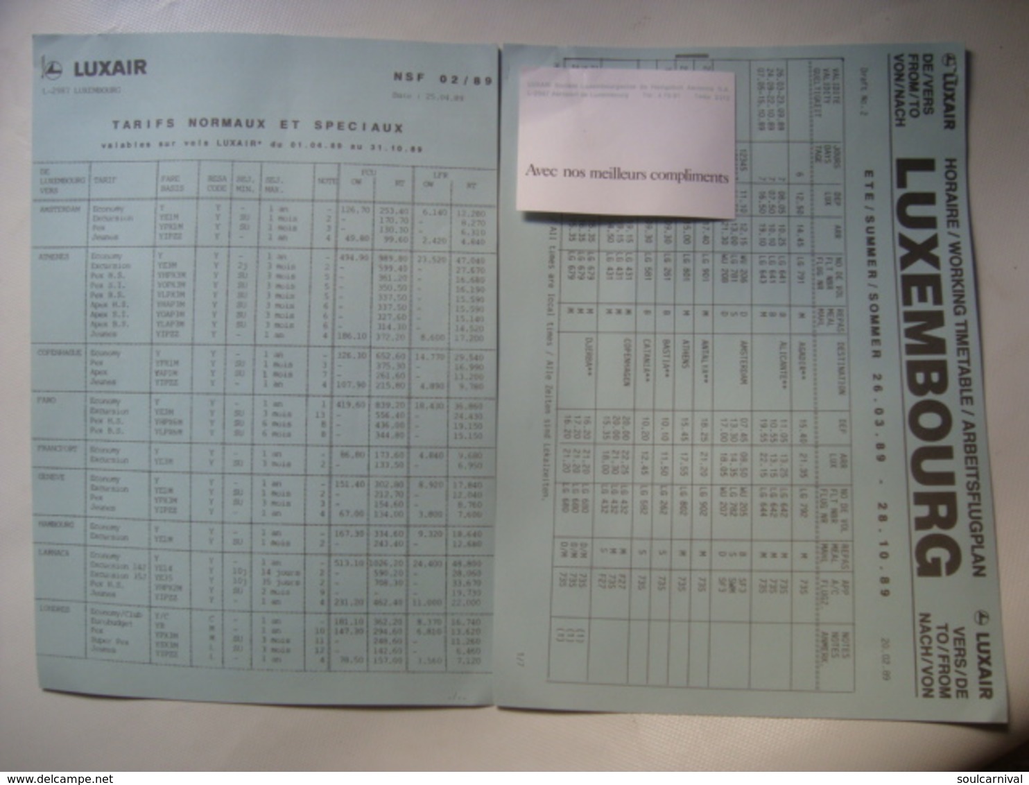 LUXAIR. TARIFS NORMAUX ET SPECIAUX / HORAIRE / WORKING TIMETABLE - LUXEMBOURG, 1989. - Horaires
