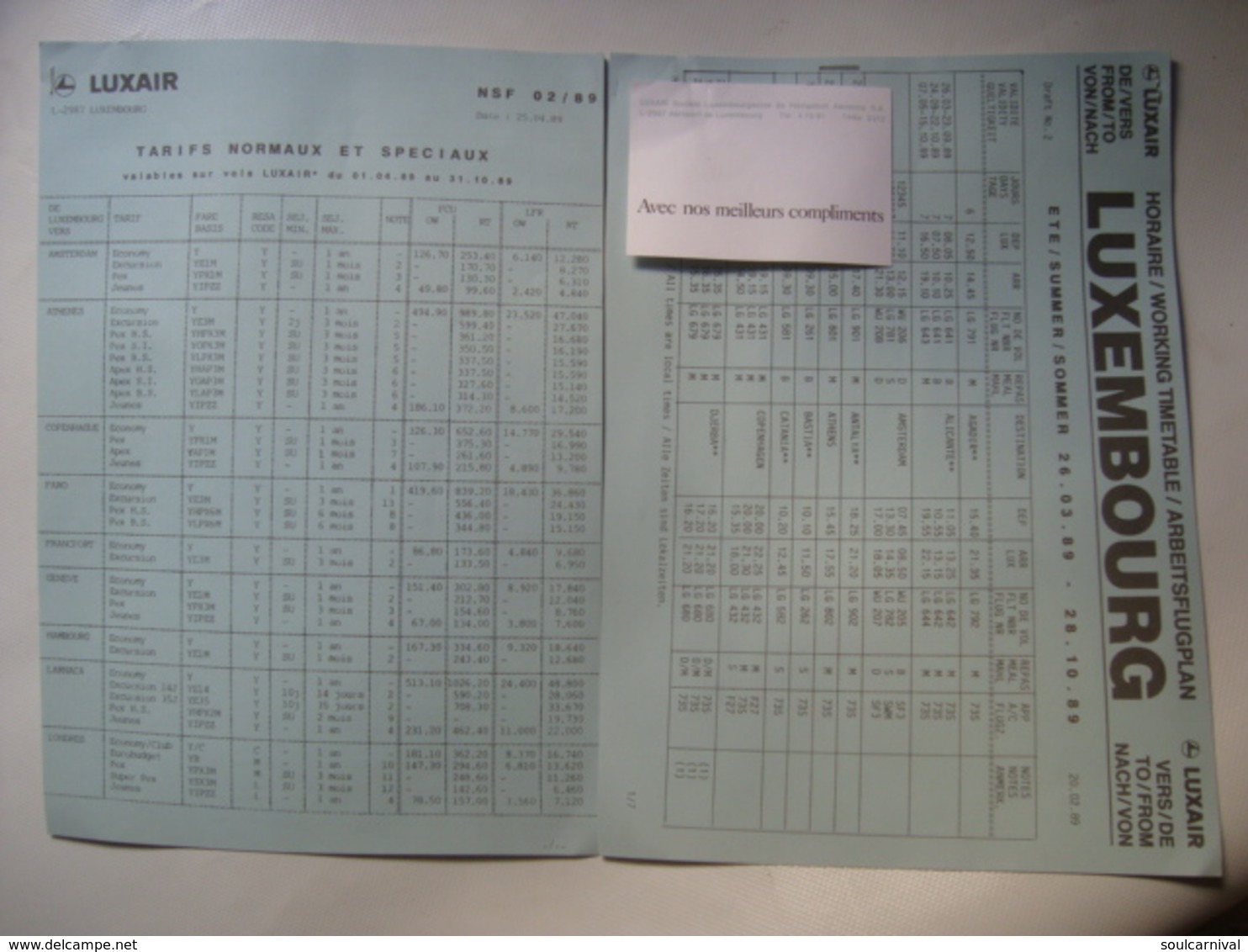 LUXAIR. TARIFS NORMAUX ET SPECIAUX / HORAIRE / WORKING TIMETABLE - LUXEMBOURG, 1989. - Timetables