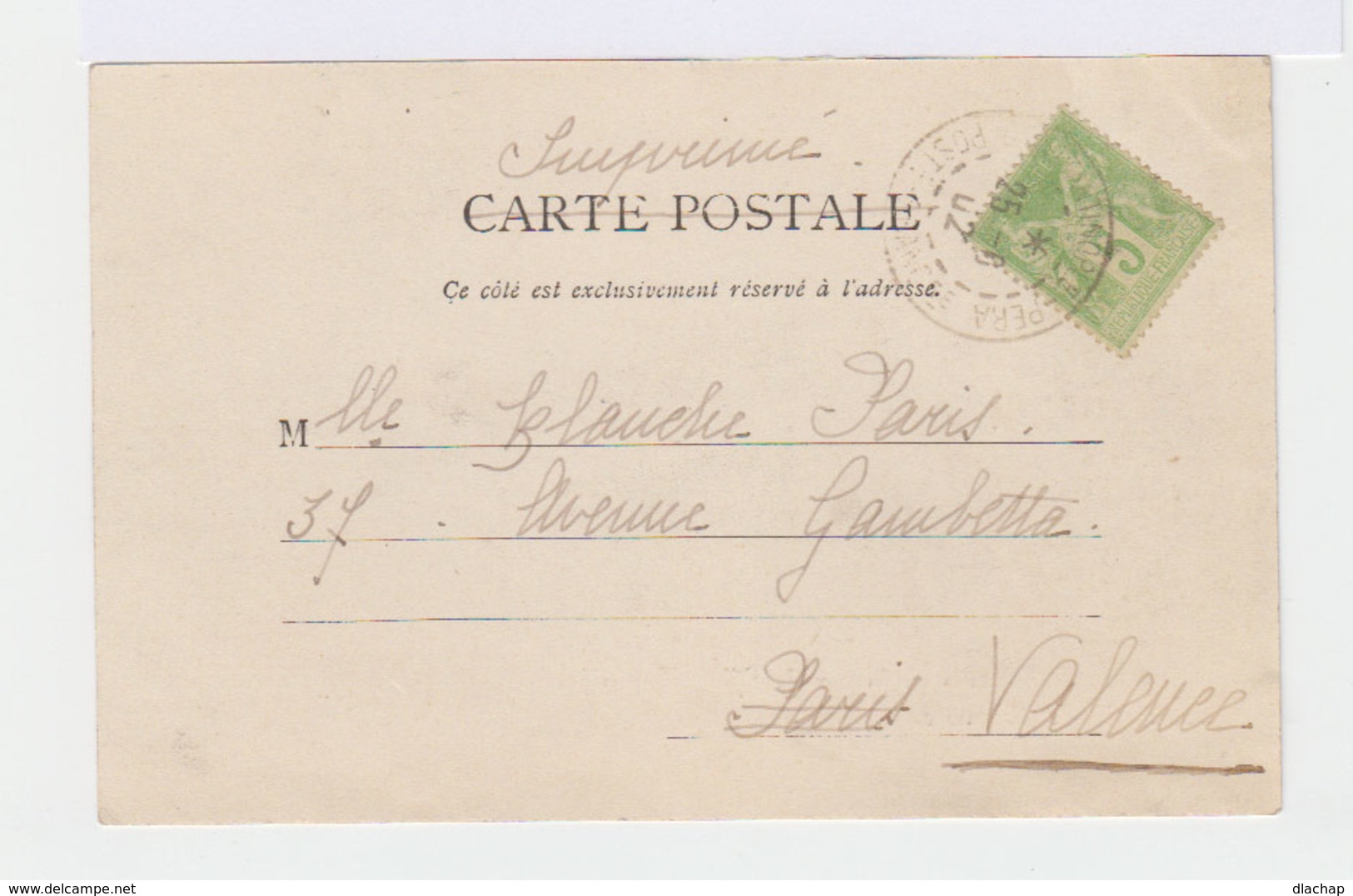 Sur Carte Postale Type Sage 5 C. Vert CAD Contantinople 1902 .  Destination: Valence.(2832) - Lettres & Documents