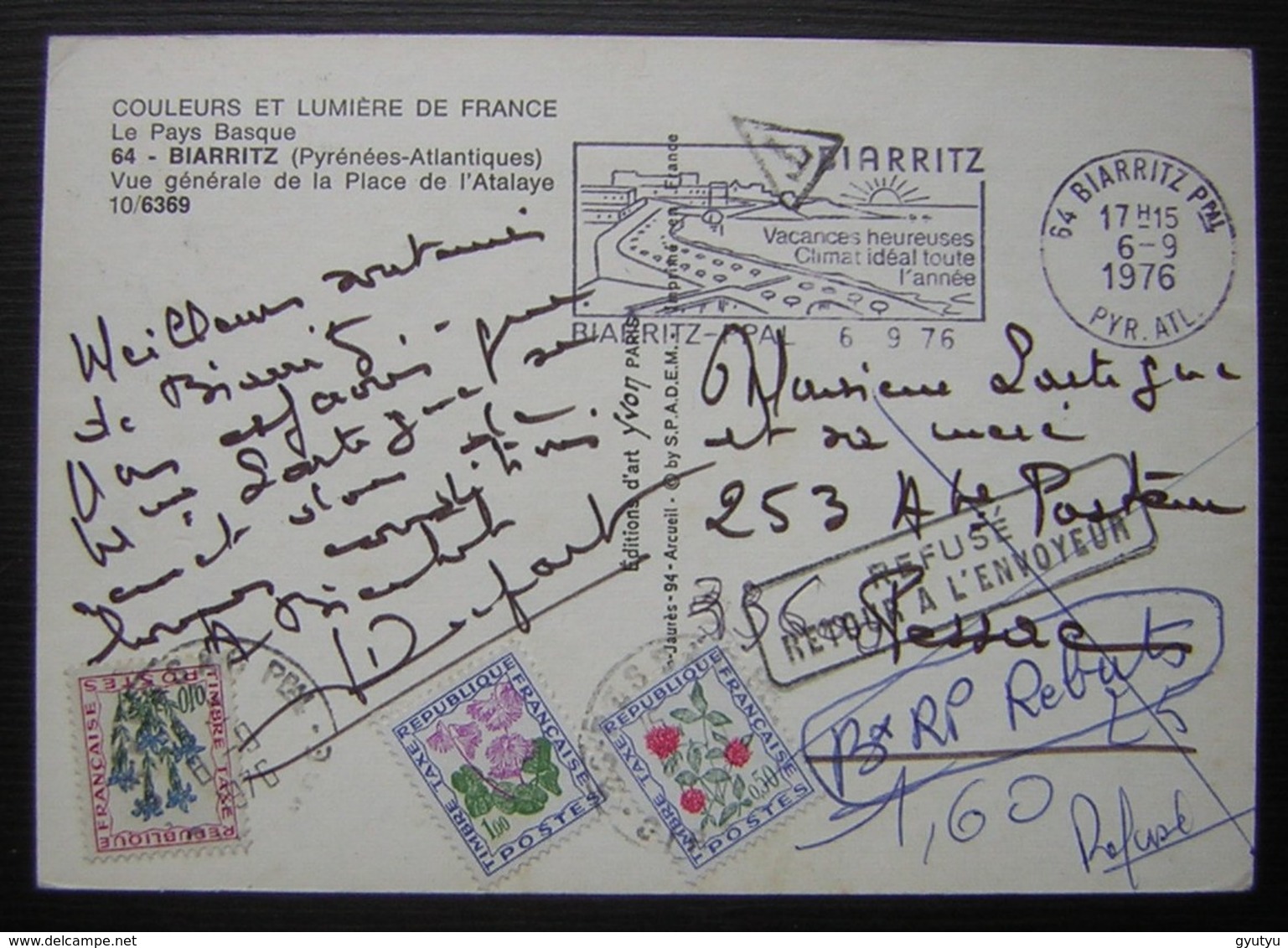 1976 Biarritz Carte Taxée Refusée Et Tombée Au Rebuts - 1859-1959 Lettres & Documents