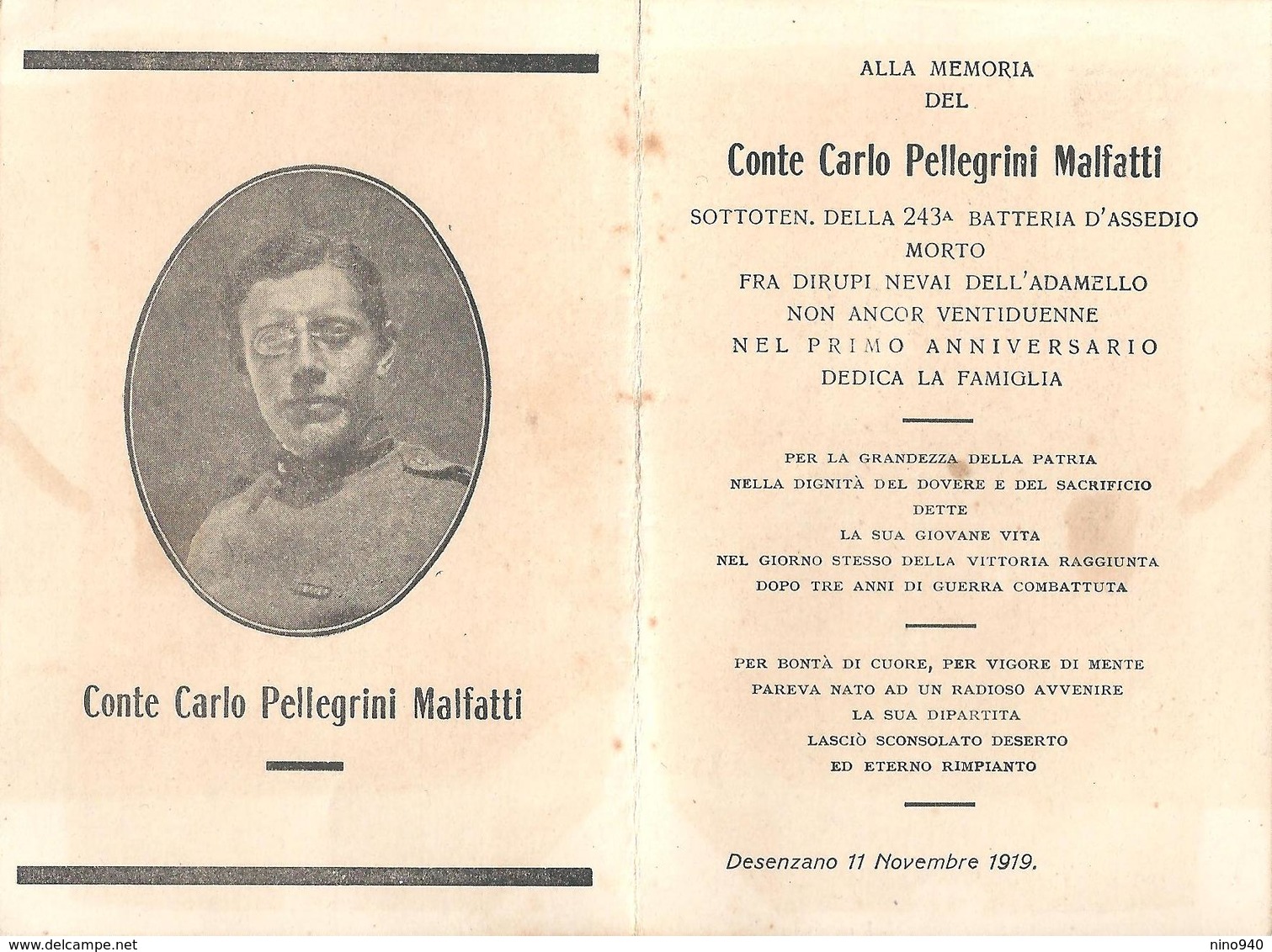 LUTTINO - CONTE CARLO  PELLEGRINI MALFATTI - 1918 - Mm. 75 X 111 - SOTTOTEN. 243 BATTERIA D'ASSEDIO - ADAMELLO - Religione & Esoterismo