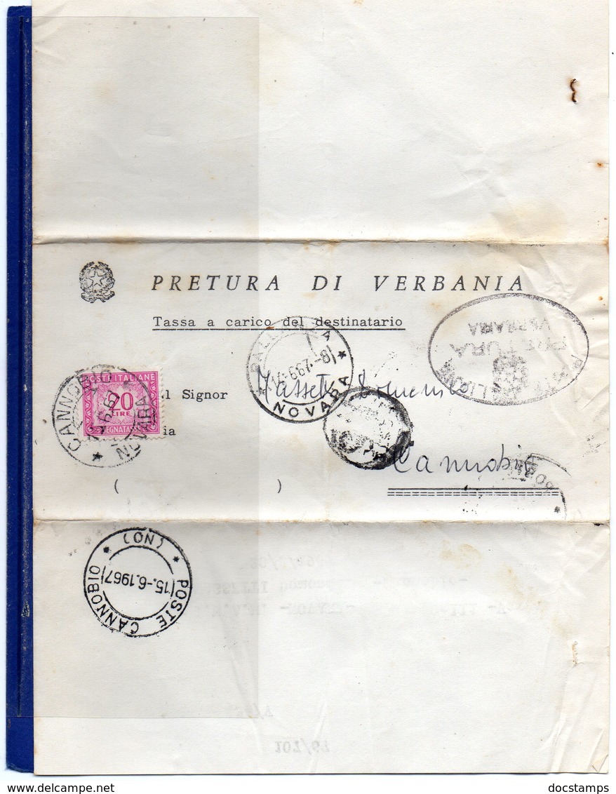 ##(DAN185)-1967- Piego  Tassa A Carico Assolta Con  L.20 Segnatasse Da Pallanza Per  Cannobbio - 1961-70: Storia Postale