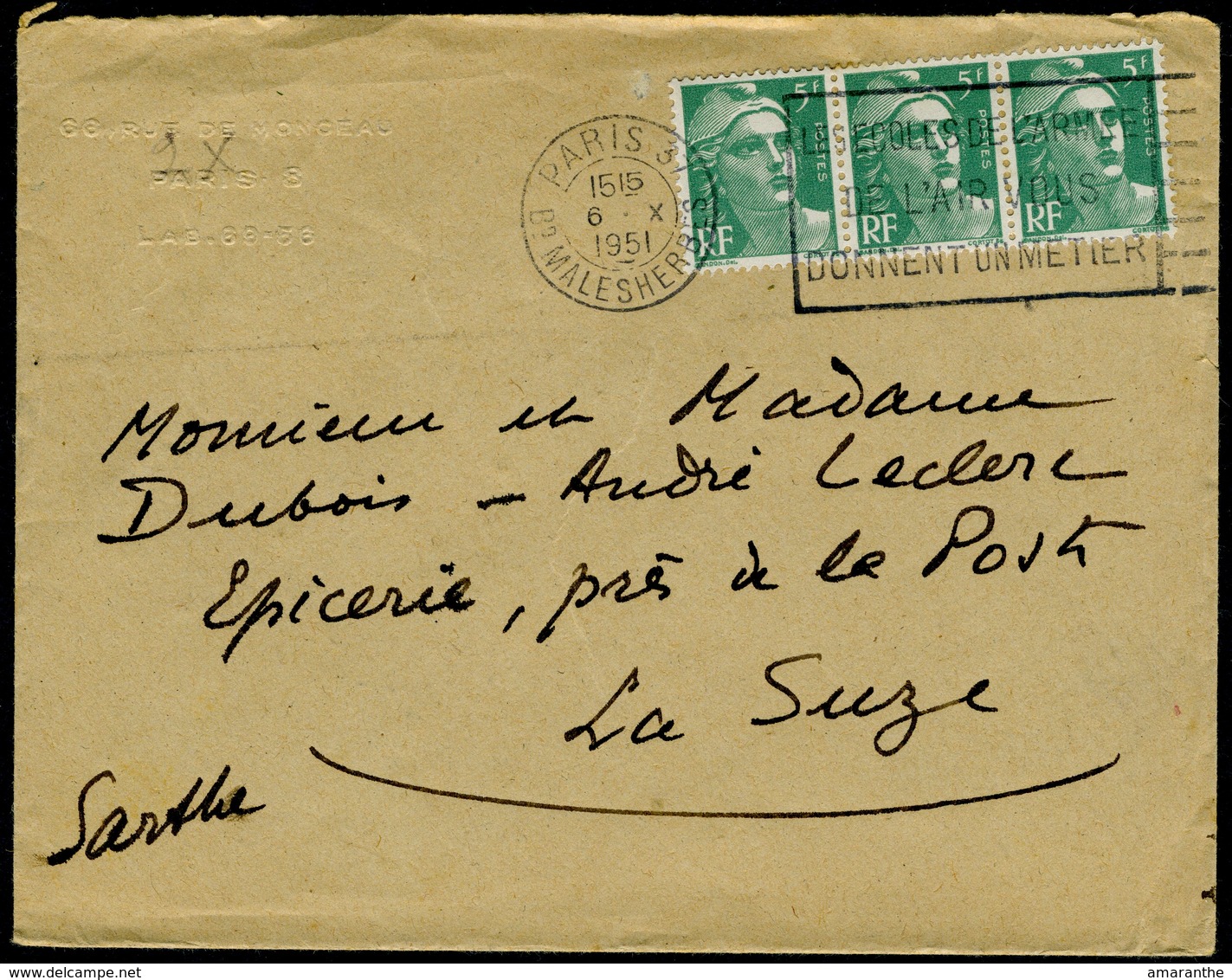 Enveloppe 14,5x11,5cm - Flamme Flier-International De Paris - Marianne De Gandon 3x5F - 1921-1960: Période Moderne