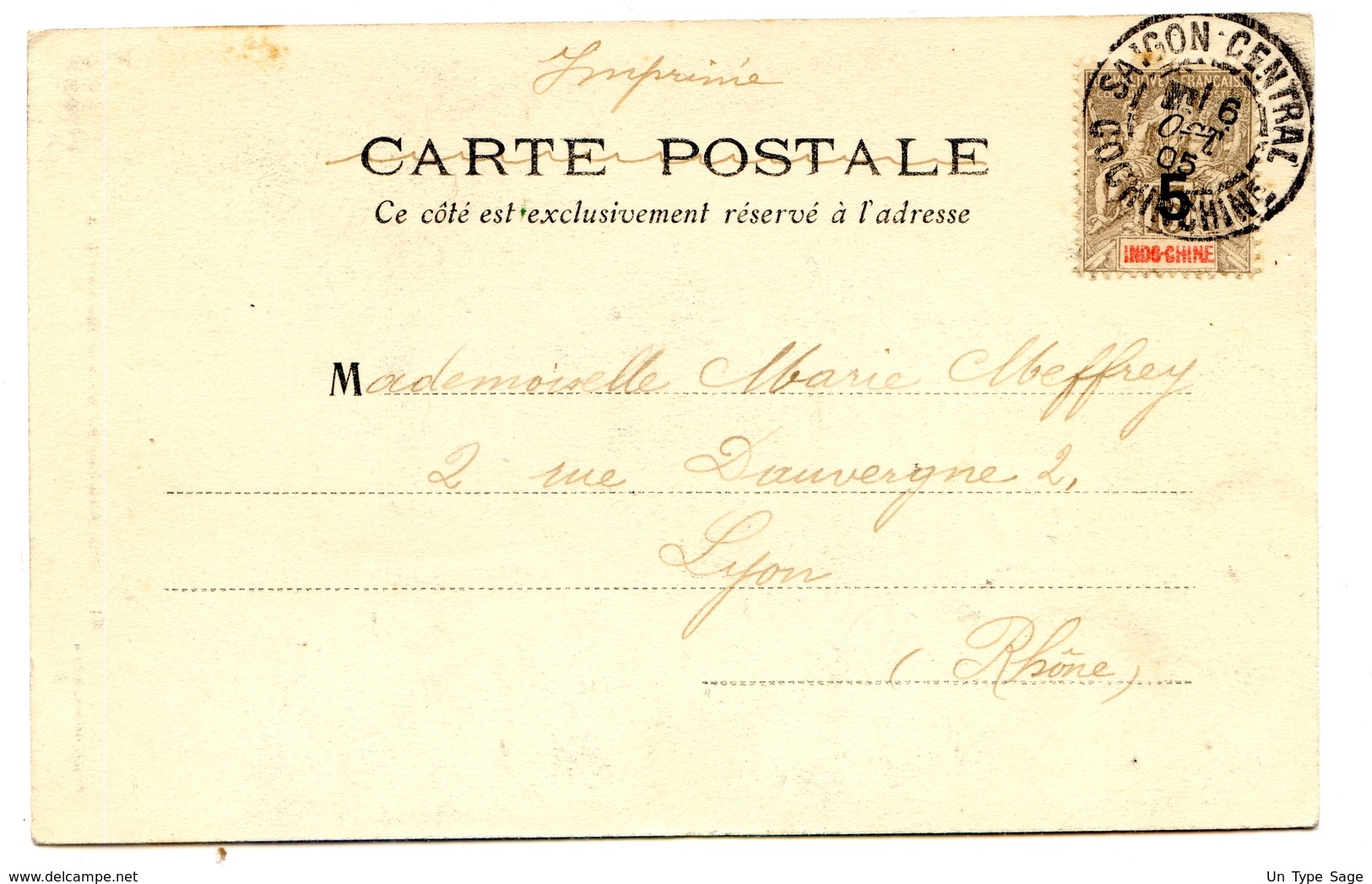 Indochine - CPA - N°22 (surchargé) De Saigon Pour Lyon - 1905 - 2 Scans - (A139) - Cartas & Documentos