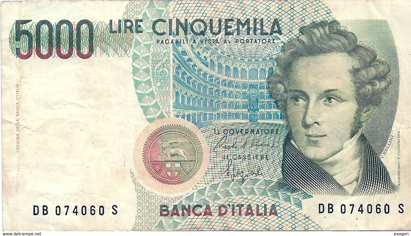 5.000  LIRE - VINCENZO  BELLINI  - Anno 1996   -  D.M. 4  Genn.1985  -  Firme:  CIAMPI / SPEZIALI. - 5000 Lire