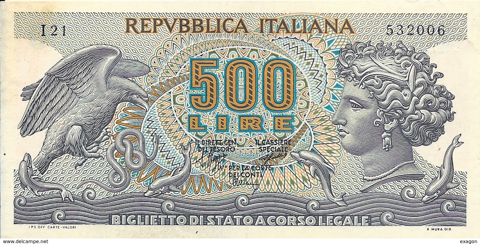 BANCONOTA  Da  500  Lire - Serie  MEDUSA  -  Legge 31.3.1966  N. 171 E D:M: 23.2.1970  N: 22516. - 500 Lire