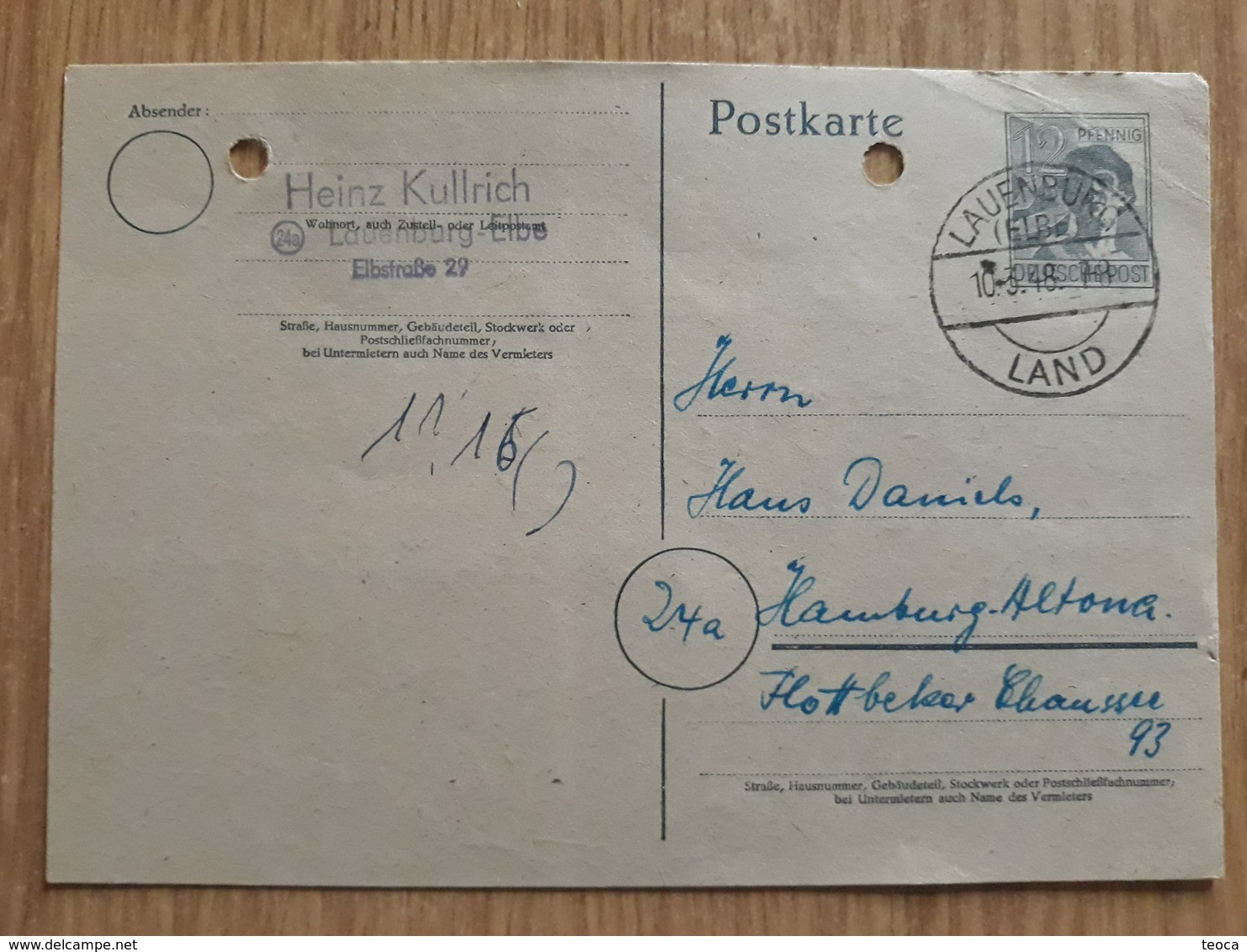 Postkarte GERMANY 1948 Deutsche Post,,  CANCEL LAUENBURG 1948, - Sonstige & Ohne Zuordnung