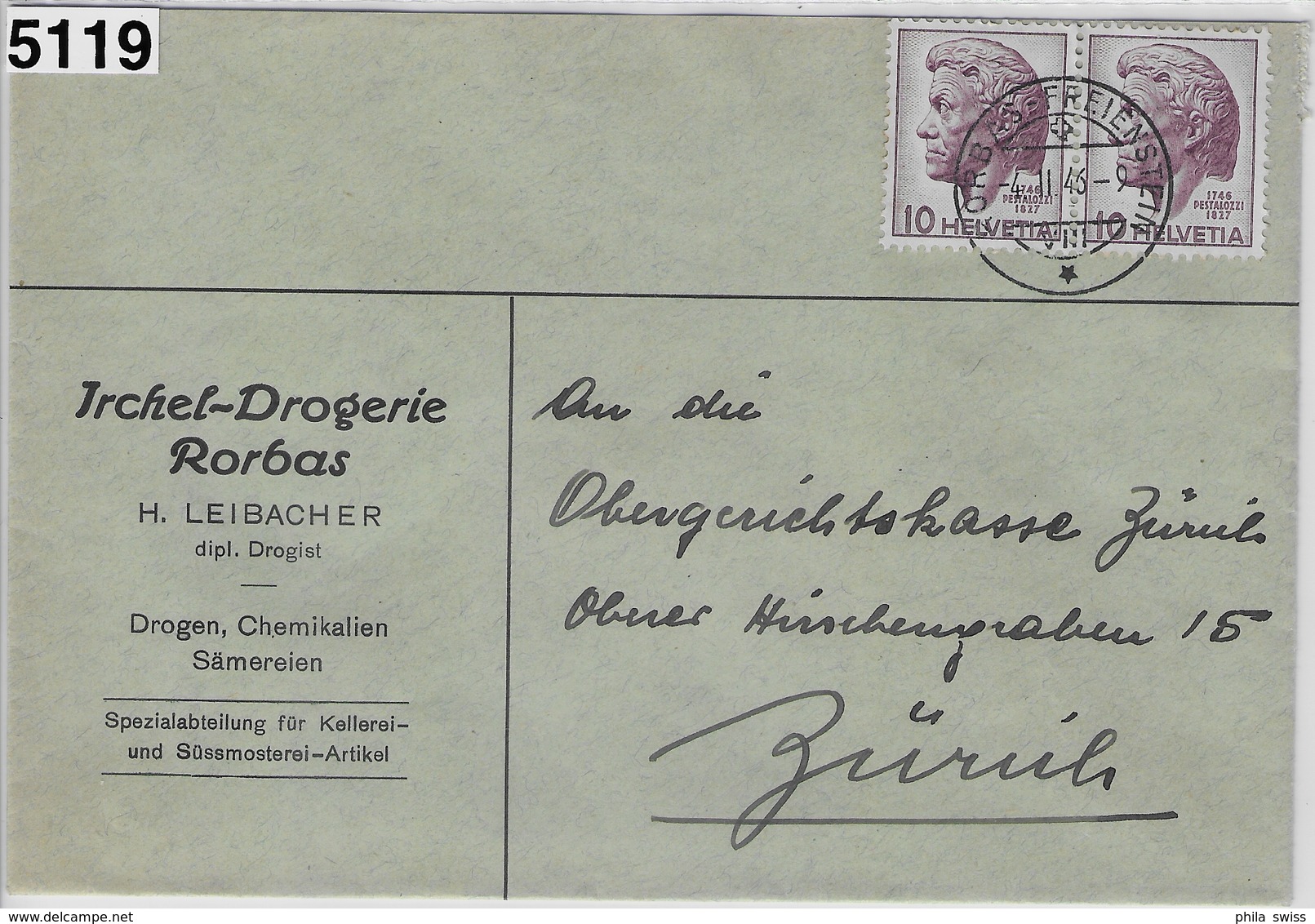 1946 Pestalozzi 275/469 Rorbas-Freienstein (Irchel-Drogerie) 4.II.46 - Briefe U. Dokumente