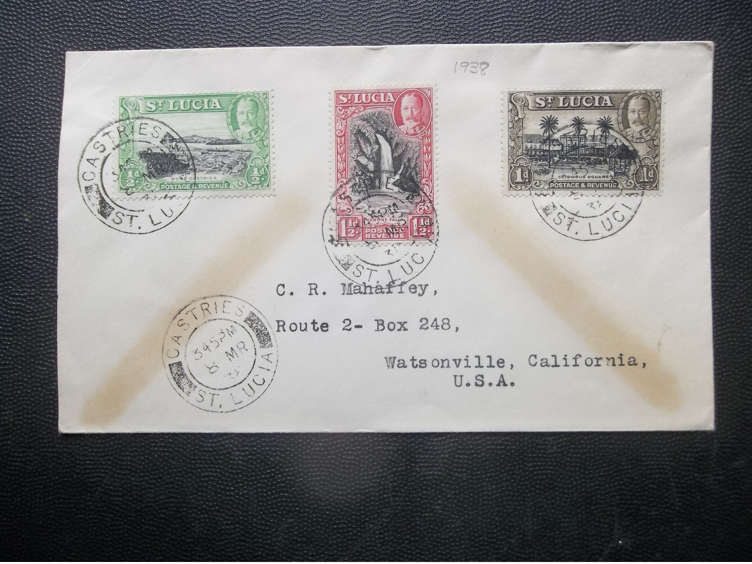 St. Lucia: 1938 Cover To Watsonville, California, USA (#HD9) - St.Lucia (...-1978)