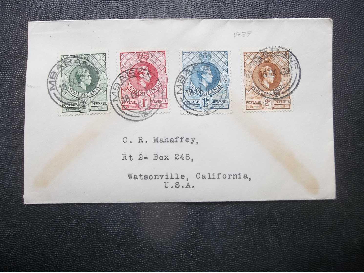 Swaziland: 1939 Cover To Watsonville, California, USA (#HD11) - Swaziland (...-1967)