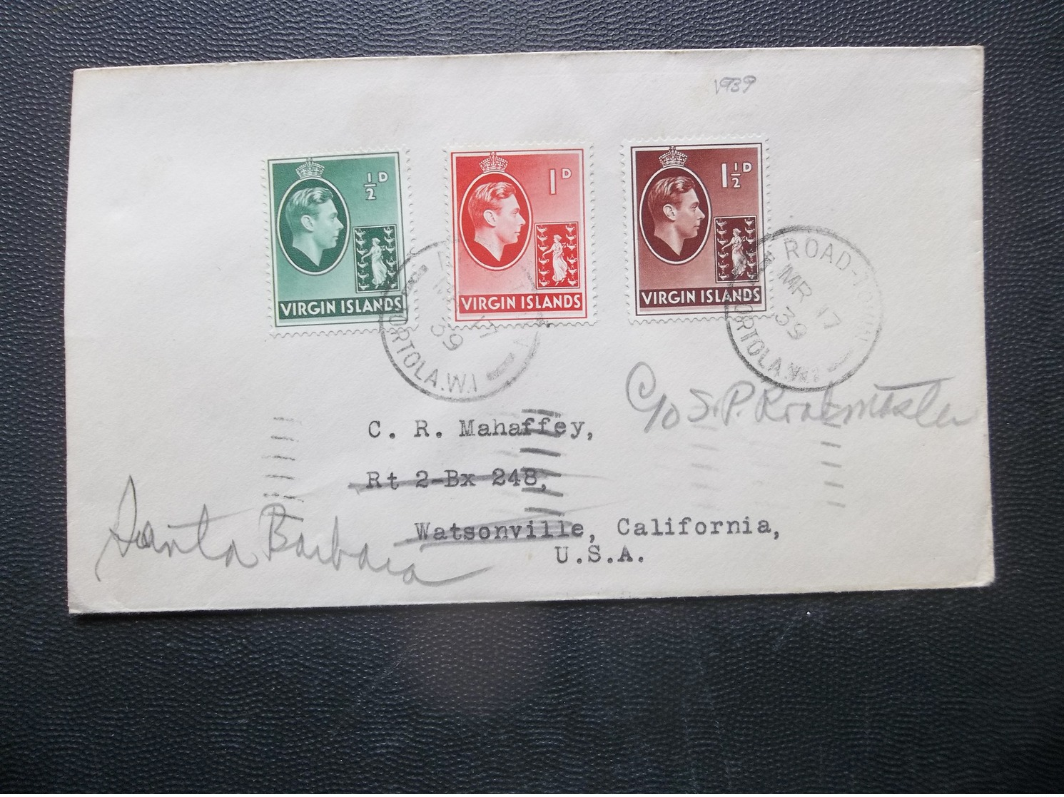 Virgin Islands: 1939 Cover To Watsonville, California, USA (#HD12) - Other & Unclassified