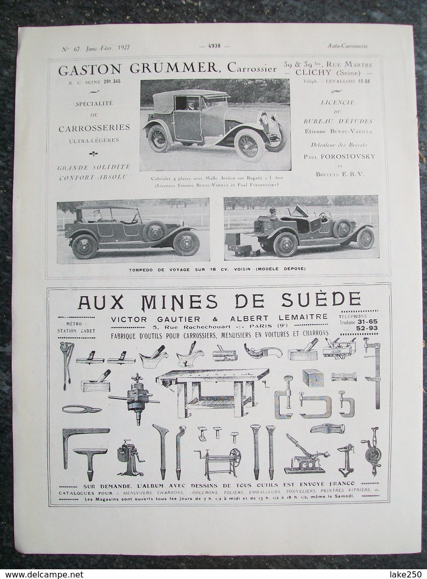 PUBBLICITA'/PUBLICITE' PARE BRISE,PARE CHOC,GASTON GRUMMER Da Rivista AUTO CARRROSSERIE 1927 - Voitures