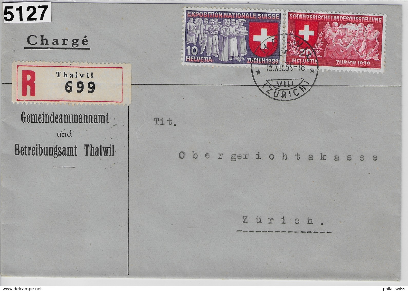 1939 Landi 220/222 225/338 Recommande Thalwil To Zürich 13.XII.39  Betreibungsamt - Lettres & Documents