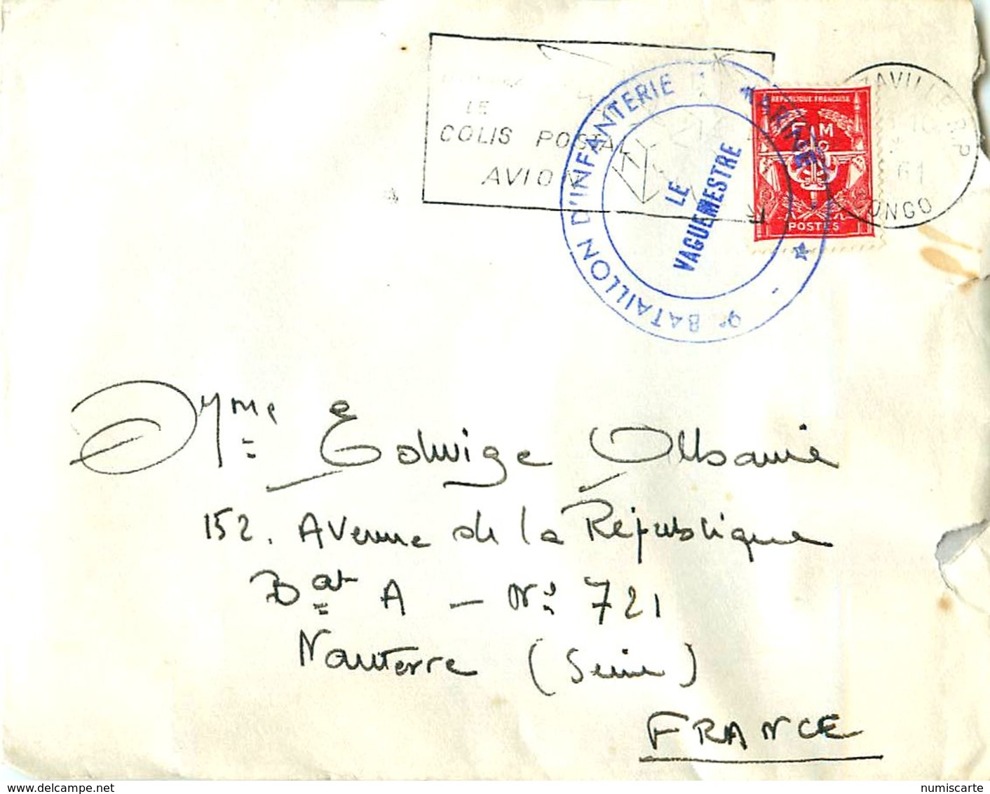 Lettre FM - BRAZZAVILLE 1961 - Cachet 9e Bataillon D' Infanterie De Marine - 2 - - Cachets Militaires A Partir De 1900 (hors Guerres)