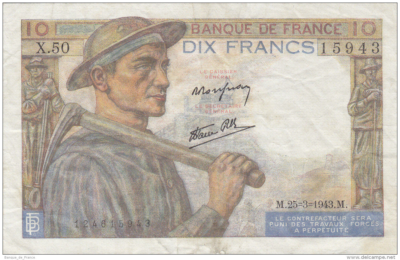 Billet 10 F Mineur Du 25-3-1943 FAY 8.8 Alph. X.50 Sans épinglage - 10 F 1941-1949 ''Mineur''