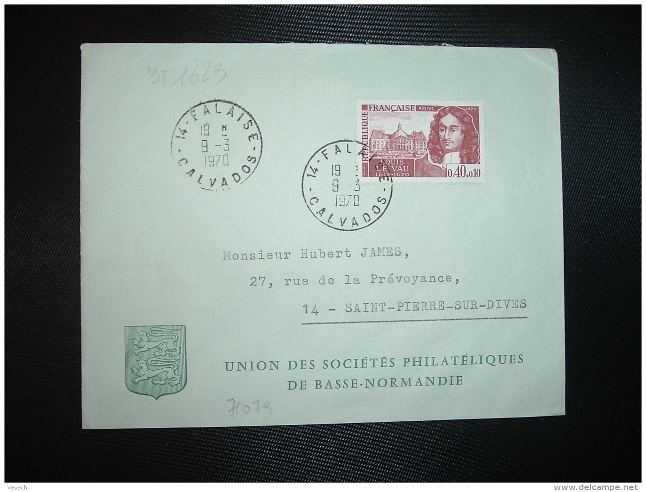 LETTRE TP  YT 1623 LOUIS LE VAU 0,40+0,10 OBL.9-3 1970 14 FALAISE CALVADOS - 1961-....