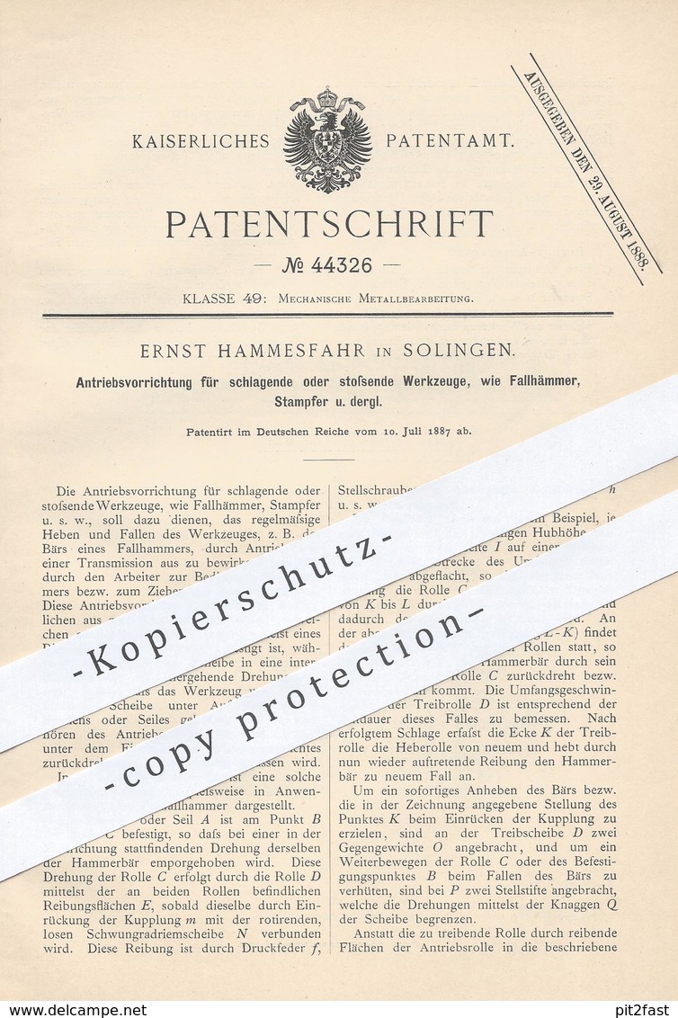 Original Patent - Ernst Hammesfahr , Solingen , 1887 , Antrieb Für Fallhammer , Stampfer , Hammer , Werkzeug | Metall - Historische Dokumente