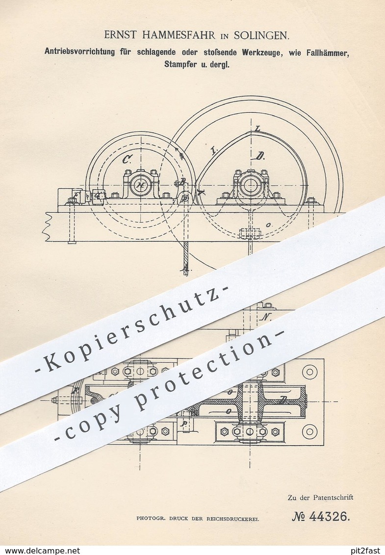 Original Patent - Ernst Hammesfahr , Solingen , 1887 , Antrieb Für Fallhammer , Stampfer , Hammer , Werkzeug | Metall - Historische Dokumente