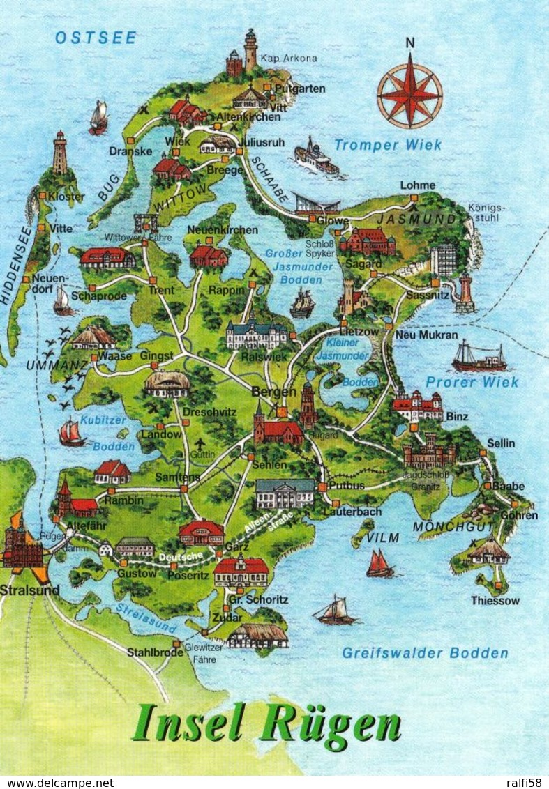 1 MAP Of Germany * 1 Ansichtskarte Mit Der Landkarte Der Insel Rügen * - Carte Geografiche