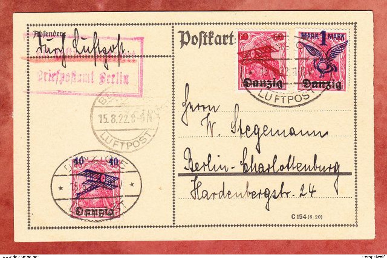 Karte, Luftpost, MiF Aufdruckmarken, Danzig Nach Berlin 1922 (51378) - Sonstige & Ohne Zuordnung