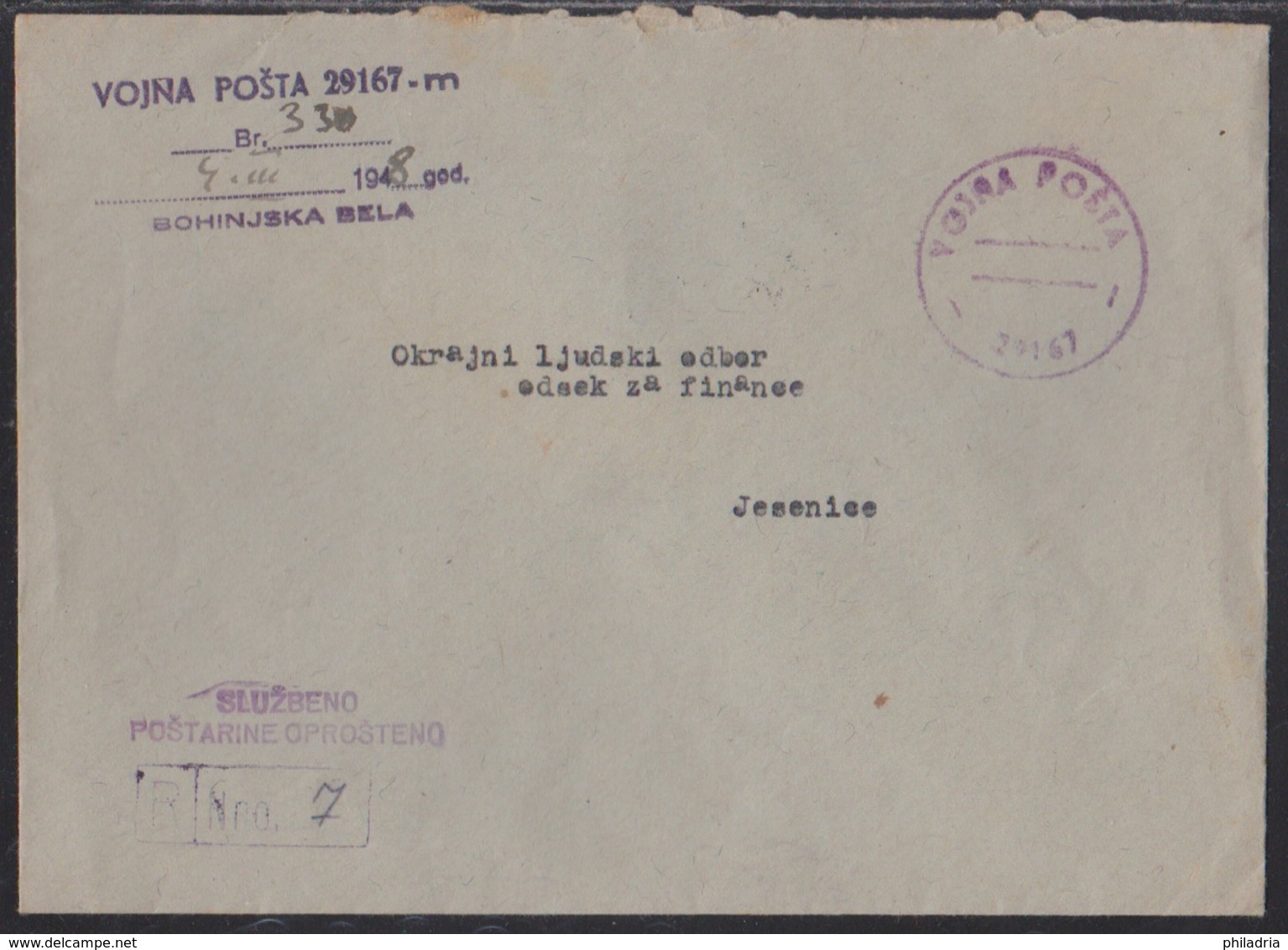 Yugoslavia, Military Mail, Stampless, Registered Cover, Bohinjska Bela, 1948 - Covers & Documents