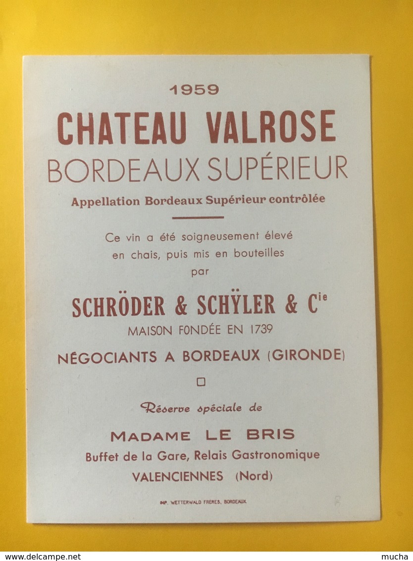 8198 - Château Valrose 1959 Réserve Buffet De La Gare Relais Gastronomique Valenciennes - Bordeaux