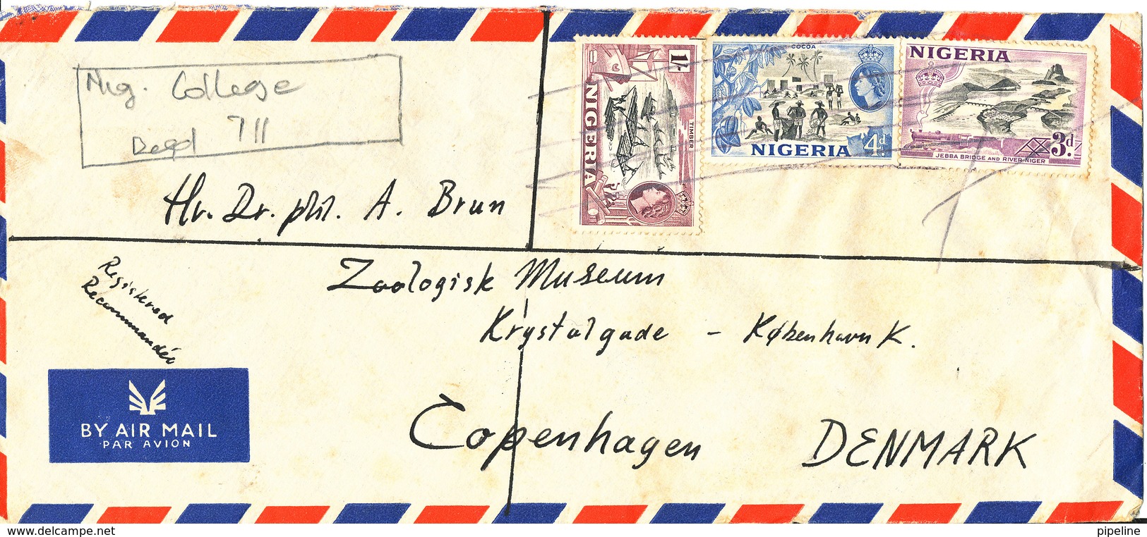 Nigeria Registered Cover Sent To Denmark Ibadan 16-4-1957 Stamps Cancelled With Pencil But Backside With Postmark - Nigeria (...-1960)