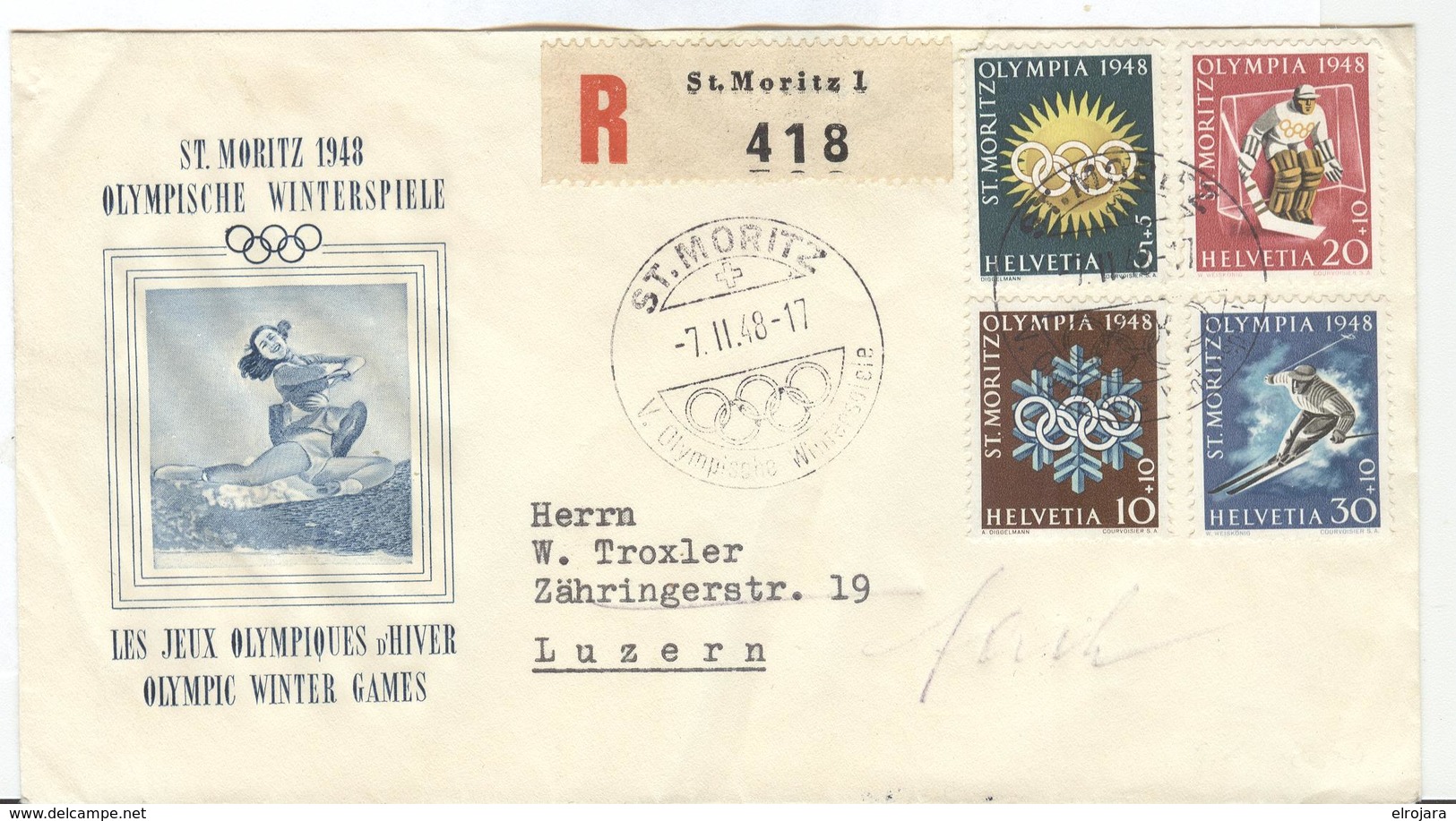 Switzerland Set On Registered Illustrated Olympic Cover With Olympic Cancel From 7.II.48 - Winter 1948: St-Moritz