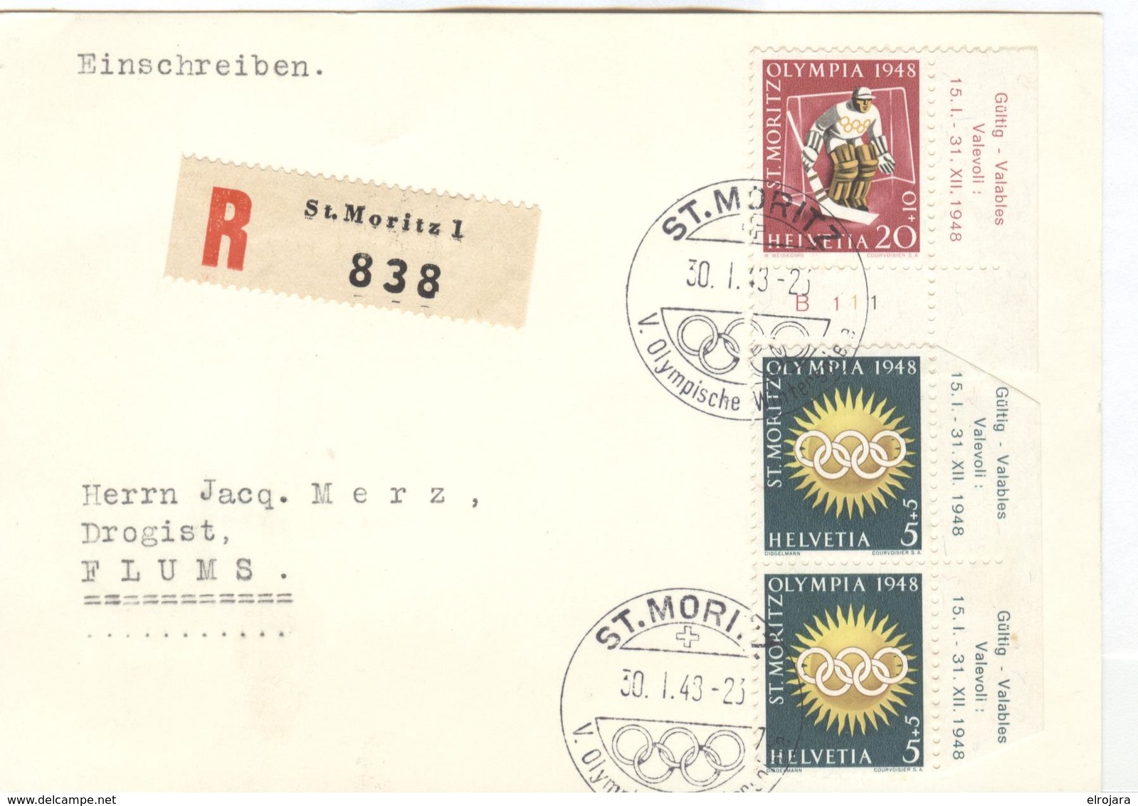 Switzerland Registered Cover With Olympic Stamps And Cancel From 30.1.48 The Opening Day Of The Games - Winter 1948: St-Moritz