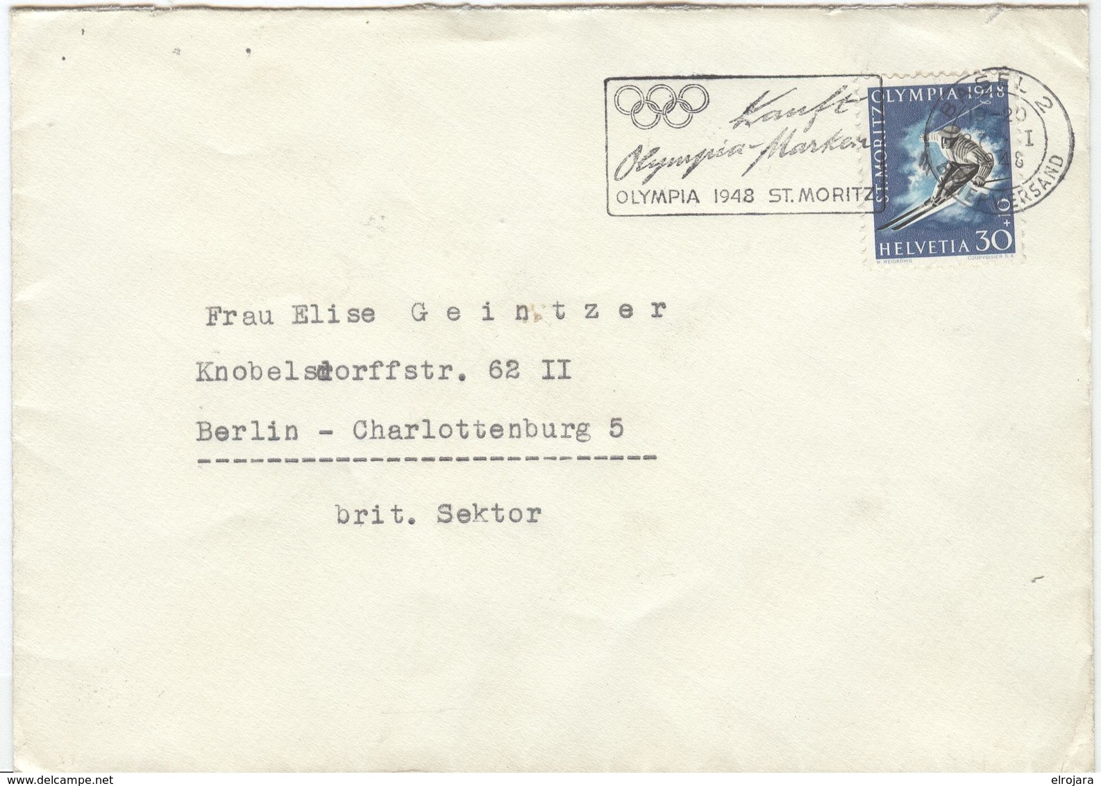 SWITZERLAND COVER WITH OLYMPIC STAMP AND OLYMPIC MACHINE CANCEL BASEL 2 - Hiver 1948: St-Moritz