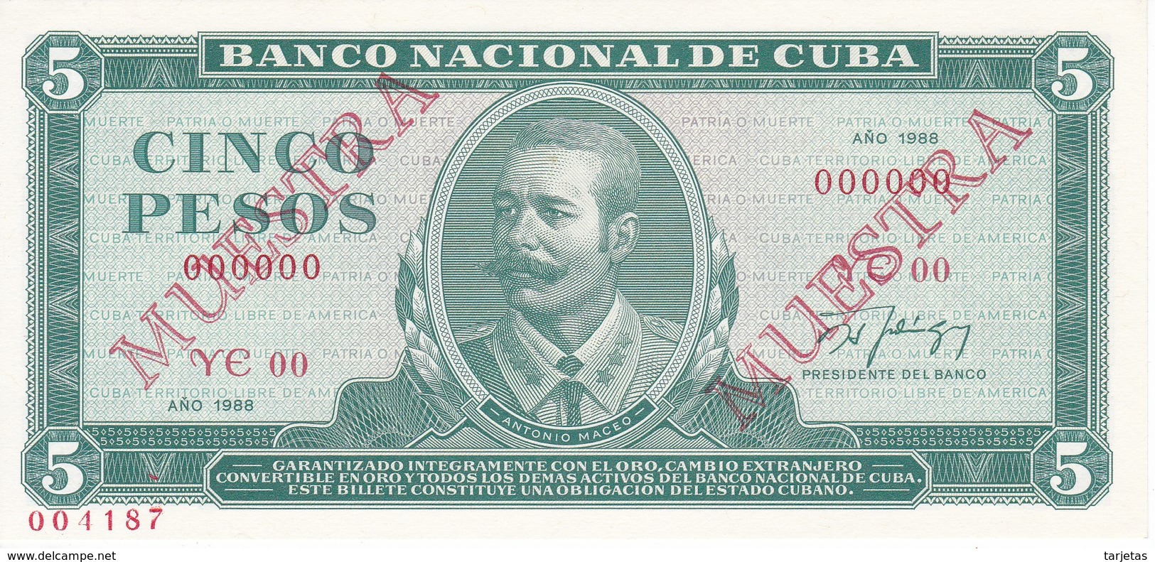 SPECIMEN-MUESTRA BILLETE DE CUBA DE 5 PESOS DEL AÑO 1988 DE ANTONIO MACEO (BANKNOTE) SIN CIRCULAR-UNCIRCULATED - Cuba