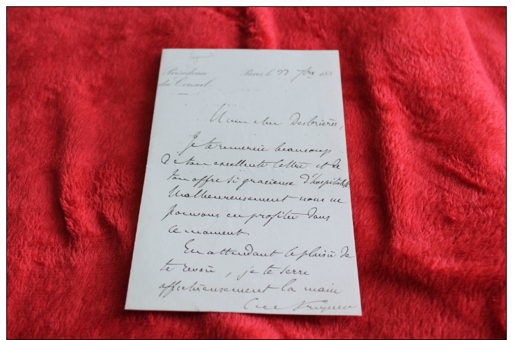 Une Lettre  Du Physicien Et Président Du Conseil Charles De Freycinet Au Colonel Desbrières Années 1880 - Autres & Non Classés