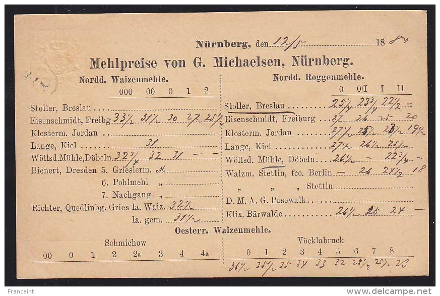 Bavaria (1880) 3 Pf Postal Card With Advertising On Reverse For Various Types Of Flour From Different Sources. - Entiers Postaux