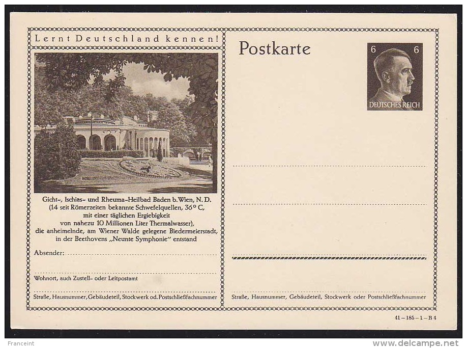 Germany (1941) 6 Pf Postal Card With Corner Photo Of Baths At Baden. Note Says This Inspired Beethoven's Ninth Symphony. - Other & Unclassified