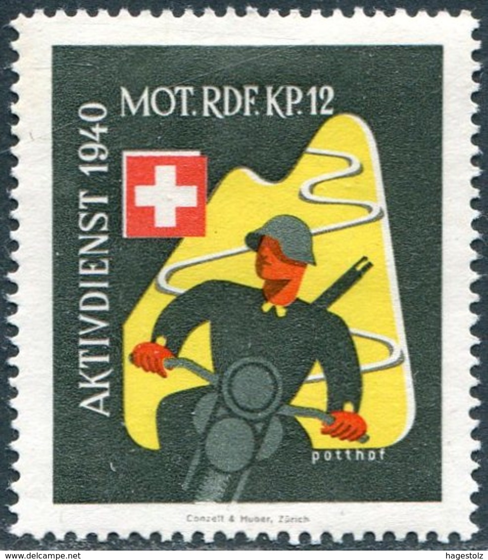 MOTORCYCLE Switzerland 1940 Field Post Military Moto Cycling Motorrad MOT. RDF. KP. 12 Feldpost Schweiz Suisse Vignette - Moto