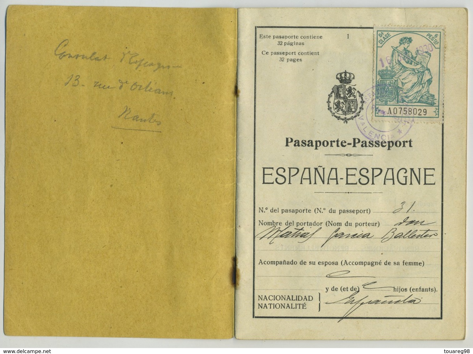 Passeport Espagnol Valable Pour La France Et L'Espagne. España. Pasaporte. Délivré à Valencia En 1930. Valence. - Documents Historiques