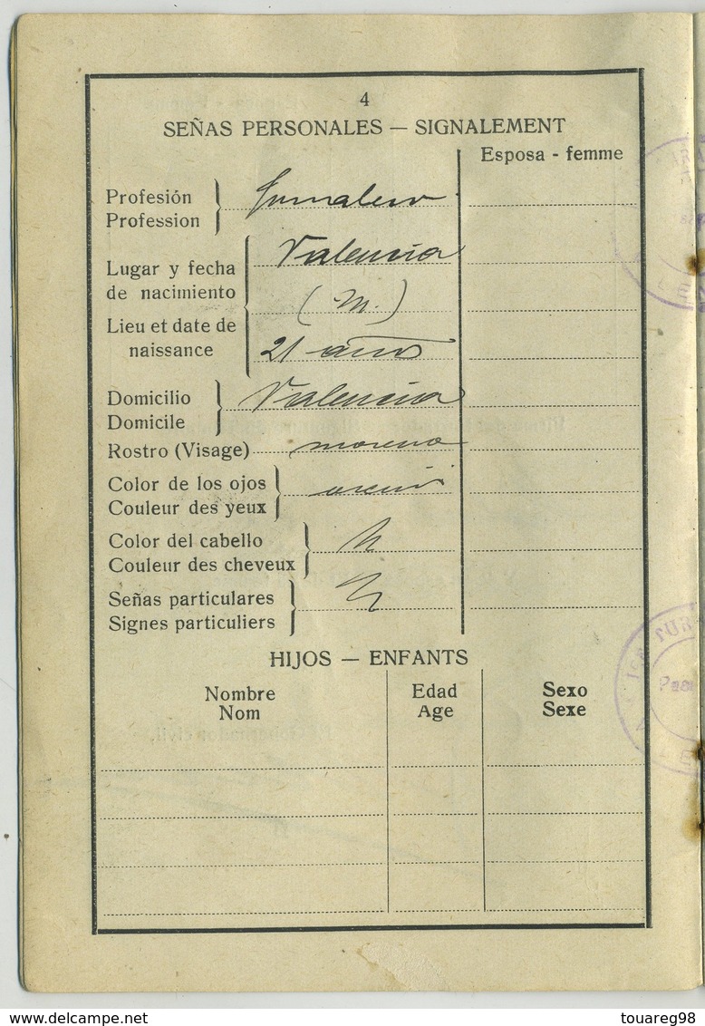 Passeport Espagnol Valable Pour La France Et L'Espagne. España. Pasaporte. Délivré à Valencia En 1930. Valence. - Documents Historiques