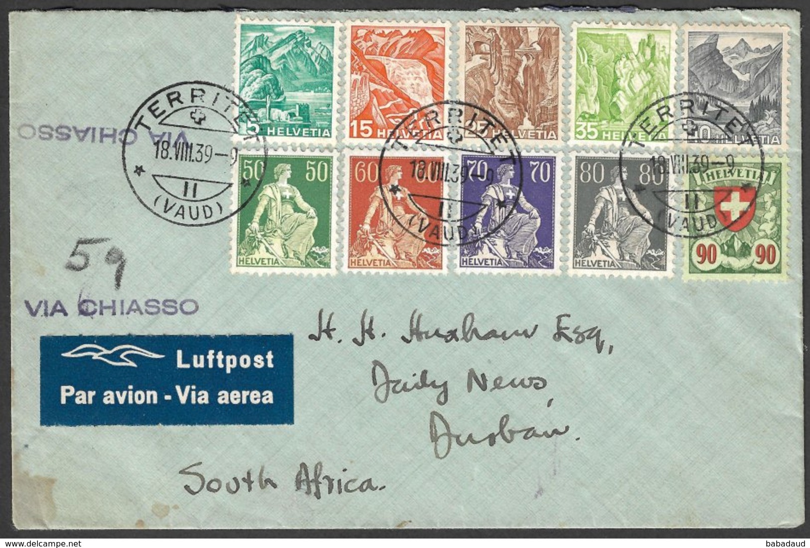 SWITZAERLAND, 10 Colour Franking TERRITERT 18.VIII.39 > S.Africa (Hotel Bristol Montreux-Terriet Stationery) - Brieven En Documenten