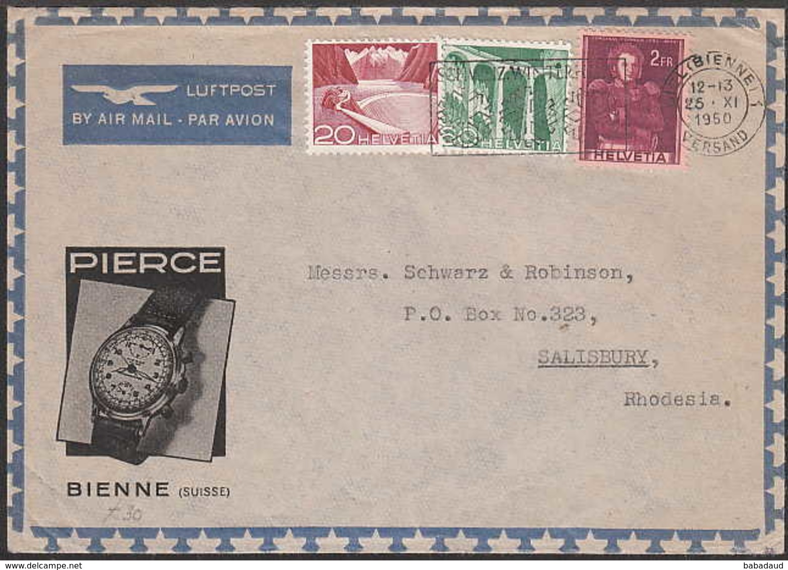 SWITZERLAND, PIERCE (watches) Envelope  3 Colour Franking BIEL (BIENNE) 1 - 25 XI  1950 > Rhodesia - Covers & Documents