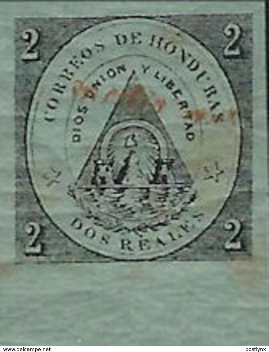 CV:€22.80 HONDURAS 1877 Coat Of Arms 1/2r Green OVPT.red MARG.IMPERF. Volcano - Volcanos