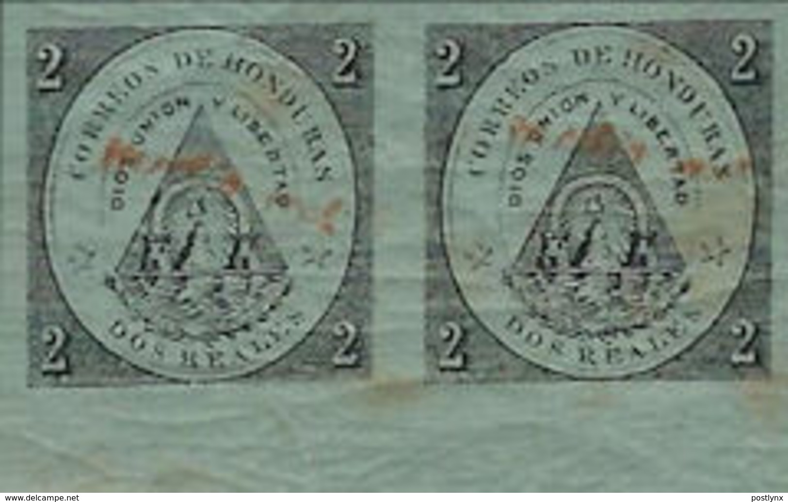 CV:€45.60 HONDURAS 1877 Coat Of Arms 1/2r Green OVPT.red MARG.IMPERF.PAIR Volcano - Volcanos