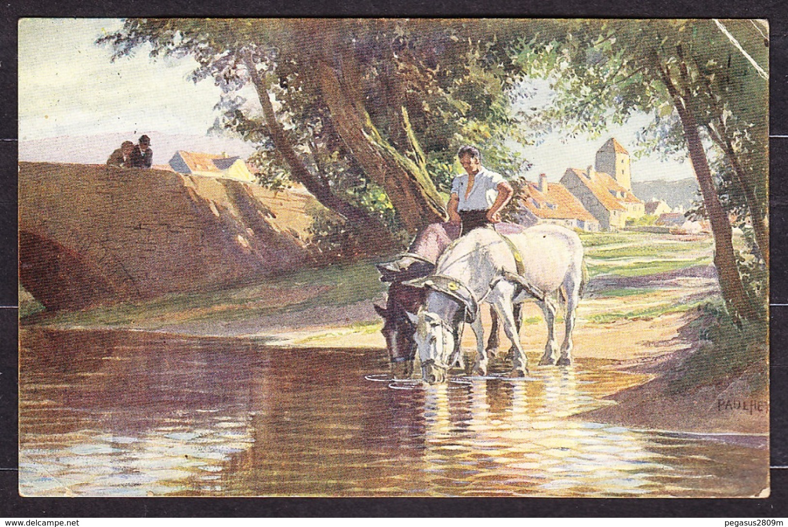 PAUL HEY - HORSES DRINKING WATER, Posted In 1923. Condition, See The Scans. - Horses