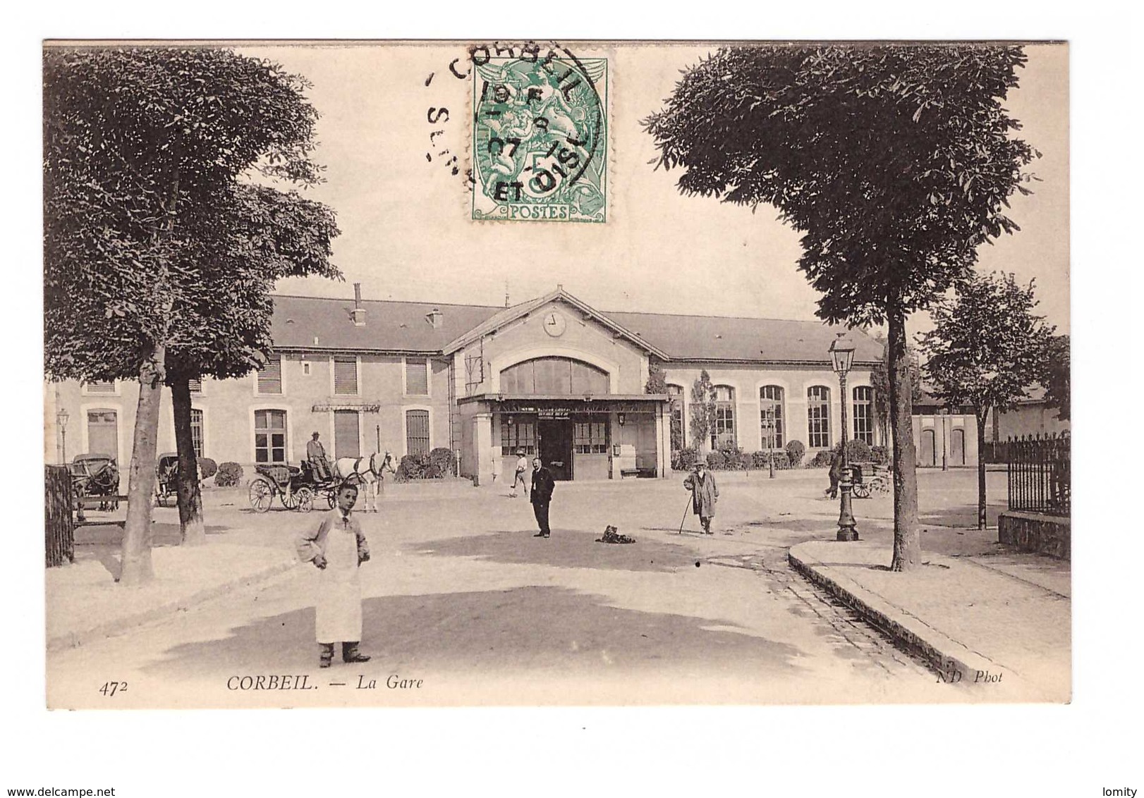 91 Corbeil La Gare Cpa Animée Attelage Cachet Corbeil 1907 - Corbeil Essonnes