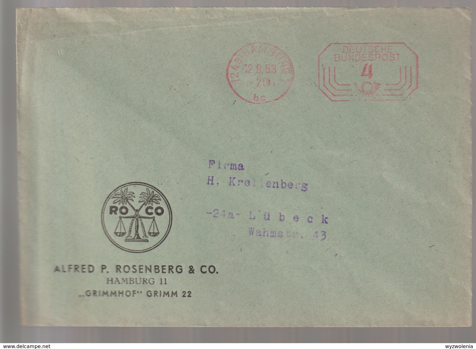 T 294) AFSt Hamburg 1 1953: Abs: Rosenberg & Co. ROCO (Getreide Waage) - Lettres & Documents