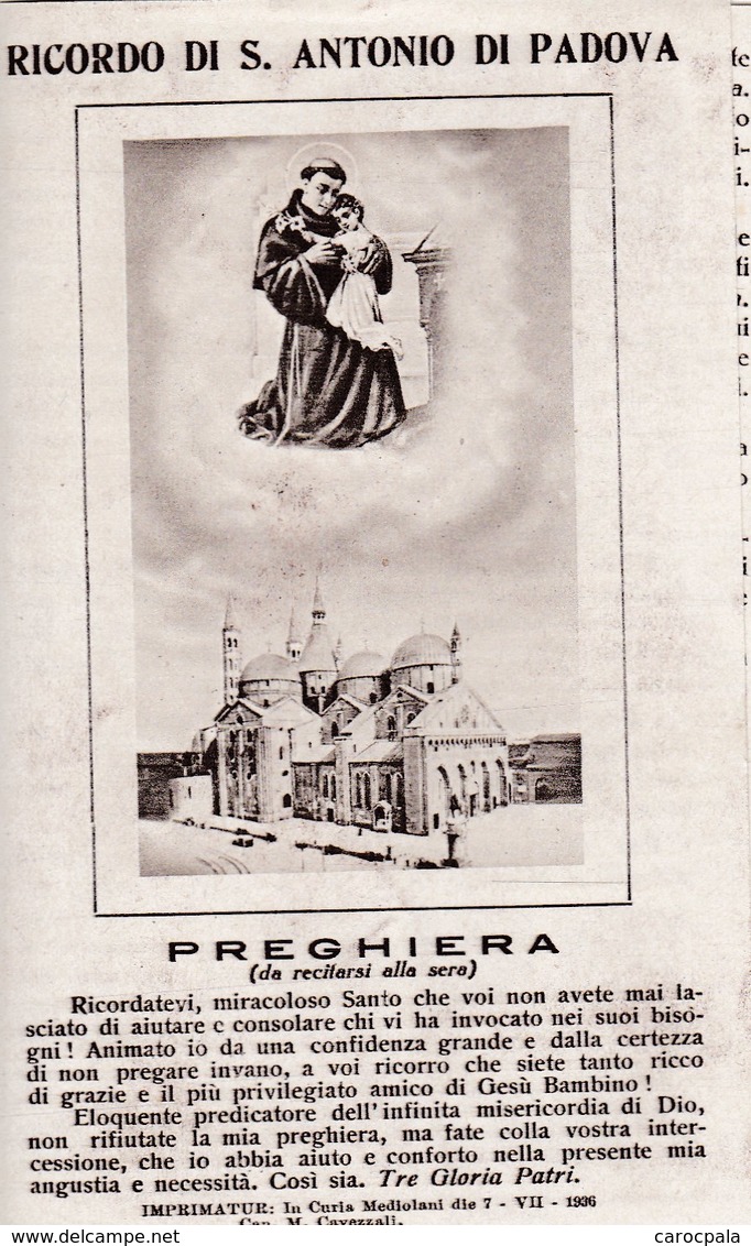 Image Pieuse Ricordo Di S. Antonio Padova Preghiera (italie) - Images Religieuses